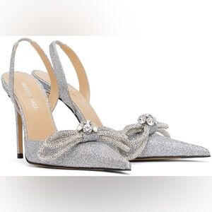 NWT MACH & MACH Silver Double Bow Glitter 110 Heels